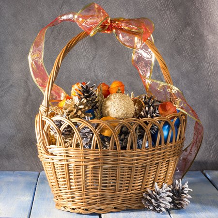 christmas, card, pine, cones, decorative, balls, wicker, brown, basket, background, blueの写真素材