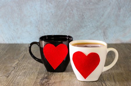 valentines, day, symbol, red, hearts, decoration, black, white, cup, background, two,  tea,  romanticの写真素材