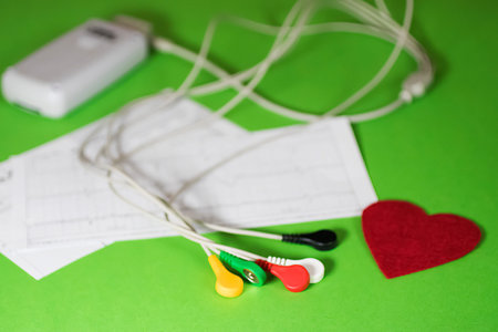 Holter monitoring device and red decorative heart on green background. Soft focus.