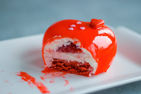 Partially eaten red heart mousse cake on a white plate. Gray background. Soft focus.