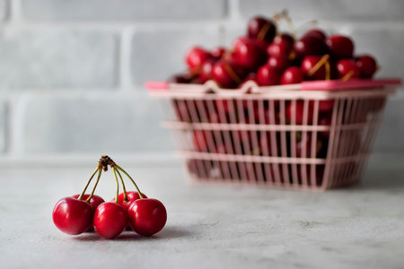 Fresh organic sweet cherries in a shopping basket.Soft focus.
