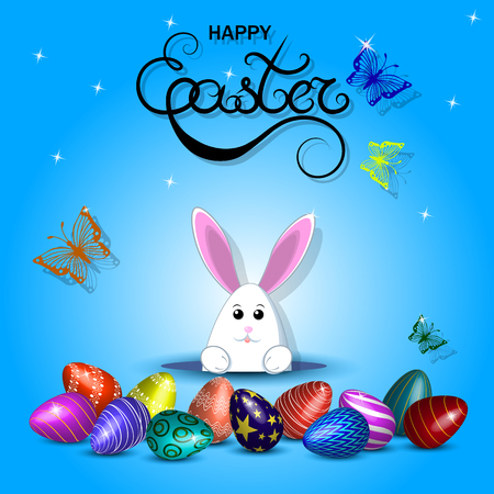 Vector illustration with eggs, hares and butterflies. Inscription - happy Easterのイラスト素材