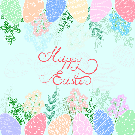 Vector illustration. Easter eggs. Leaves and flowers. The inscription "Happy Easter". Card. Blue background.のイラスト素材