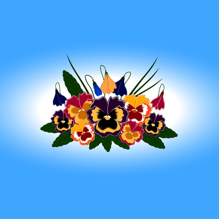 Viola tricolor, seven colors on a blue background, black orange purple red. bellsのイラスト素材