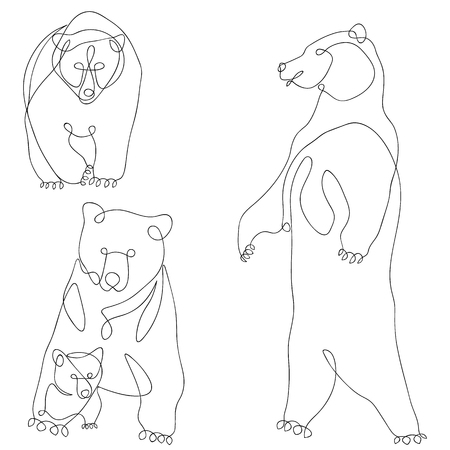 Bear, bear cub, set vector illustration, doodle. Continuous line.のイラスト素材