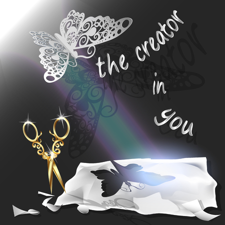 Cutting of paper flying butterfly. vector illustration, origami crafts. Screen background. Black. Written text, the creator in youのイラスト素材
