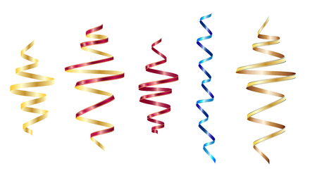 Colored set. Golden serpentine ribbons, isolated on white background. Decoration for party, birthday celebrate or Christmas carnival, New Year gift. Festival decor. Vector illustrationのイラスト素材