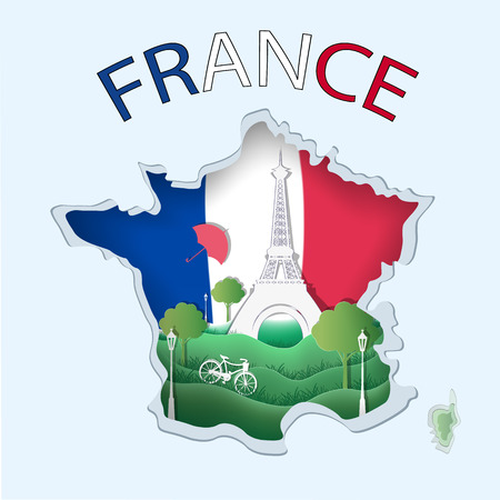 Abstract of paper art carve to Eiffel tower with blue and red background look like France map and flag, French culture concept and tourism idea, vector art and illustration.のイラスト素材