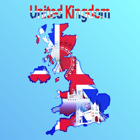 United Kingdom map and flag in blue background. Tower Bridge, London eye, Towerのイラスト素材