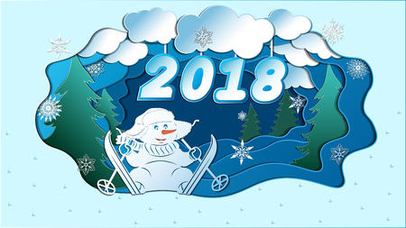 Winter holiday snow and snowman with blue sky background. Christmas season paper art style illustration. skis, clouds, 2018のイラスト素材