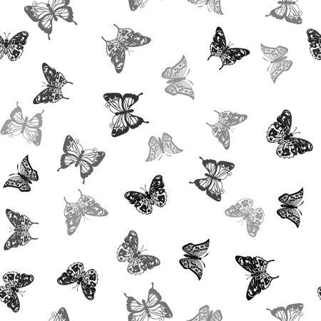 Repeating white-black pattern with silhouettes butterflies (vector)のイラスト素材