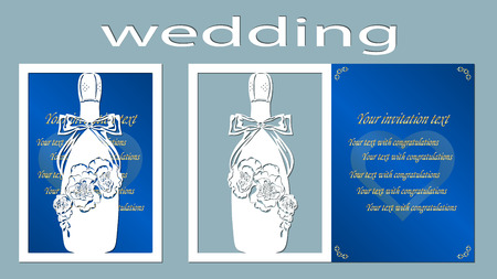Inscription - wedding. champagne, bottle, flowers, vector, illustration, laser cut, ?ard, heart, card, template, clicheのイラスト素材