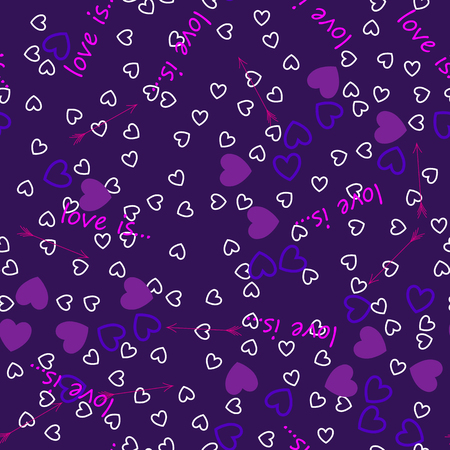 Background of big and small hearts with the inscription love is. in purple colors. Vector.のイラスト素材