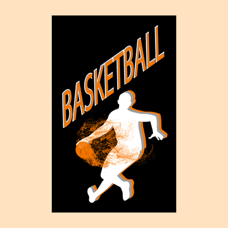 Basketball tournament logo. Silhouette of basketball player jump for the slam dunk isolated on white background.のイラスト素材