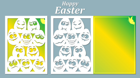 Happy Easter card template with paper cut of eggs with different facial expressions. Vector illustration.のイラスト素材