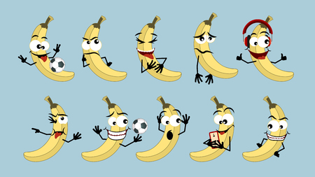 Earphones, soccer ball, football, Emoticon banana. Set of emoticons, emoji icon isolated on grey background. amber. yellow. emotionsのイラスト素材
