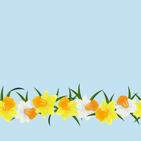 Colored floral seamles pattern with flowers in botanical style on a white background. Seamless line narcissus. Stock line vector illustration.のイラスト素材