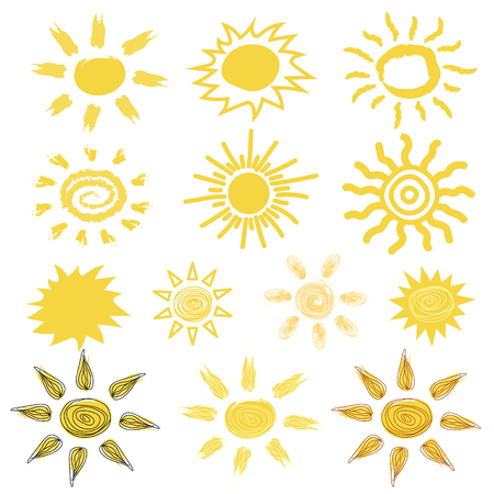 Funny vector doodle suns Hand drawn set isolated on plain background.のイラスト素材