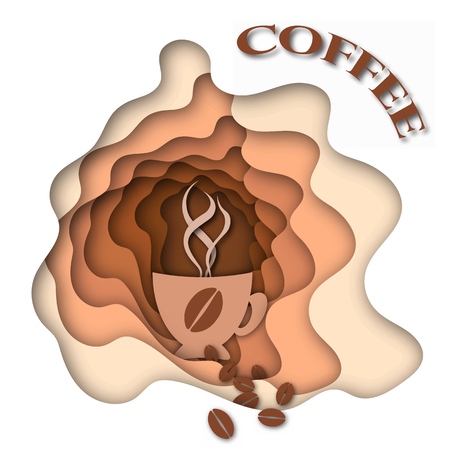 Inscription-coffee. Cup of hot coffee. Abstract brown background with paper curved relief layers. Vector illustration. Paper cutting poster. Applicable for business banner, flyer, poster.のイラスト素材