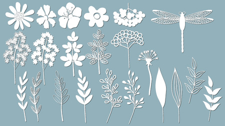 Flowers, leaves, dragonfly for decoration, laser cutting and plotter.のイラスト素材