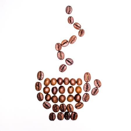 Coffee beans on white background in the form of a Cupの写真素材