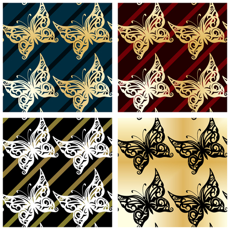 Seamless pattern. Gold butterflies. Line. Vector illustration. background. setのイラスト素材