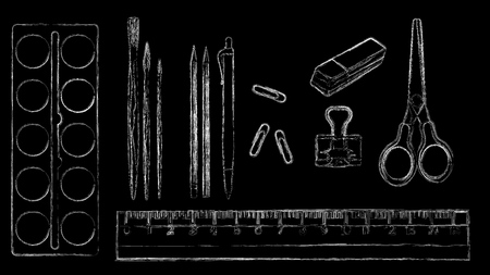 stationery, art materials, scissors, ruler, pencil, grater, paper clip, brushes and tubes of paint. vector illustration of painted with chalk.のイラスト素材