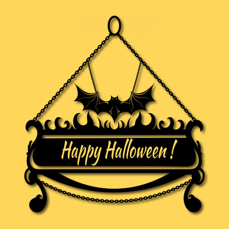 Happy Halloween template for banner or poster. Holiday lettering, bat, witch's cauldron, sign. Vector illustration. Laser cuttingのイラスト素材