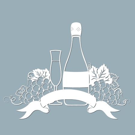 Template for laser cutting, plotter, and silkscreen printing. Vine. Grape. A bottle of champagne and a glassのイラスト素材