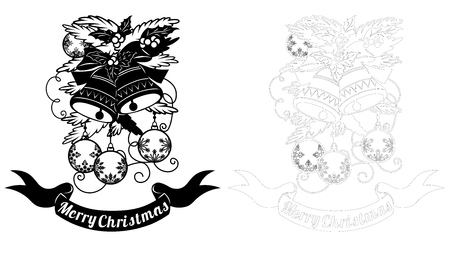 The contour and the object. Pattern, branch with toys and bells. Christmas invitation with a Christmas toy. Vector. Cliche. Merry Christmas. For laser cutting, plotter and silkscreen printingのイラスト素材