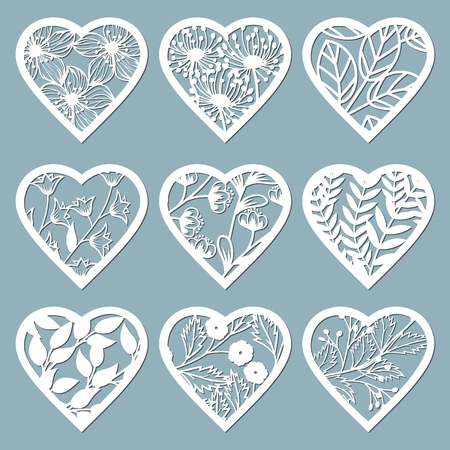 Set stencil hearts with flower. Template for interior design, invitations, etc. Vector illustration. Sticker set. Pattern for the laser cut, serigraphy, plotter and screen printingのイラスト素材
