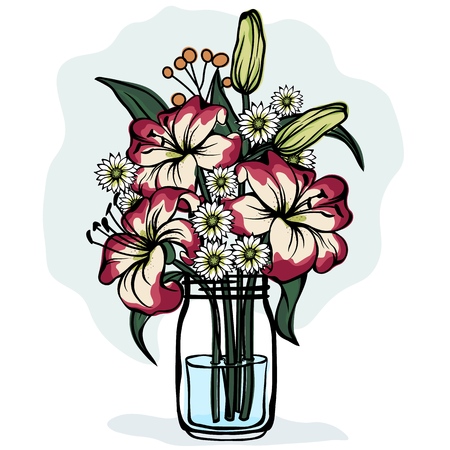 Lily and chrysanthemum in a glass jar. Vector icon on white backgroundのイラスト素材