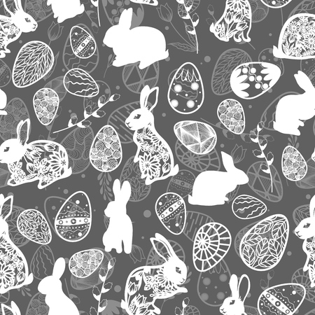 Vector illustration. Seamless pattern. Easter eggs. Leaves and willow branch. Easter bunny. Card gray backgroundのイラスト素材
