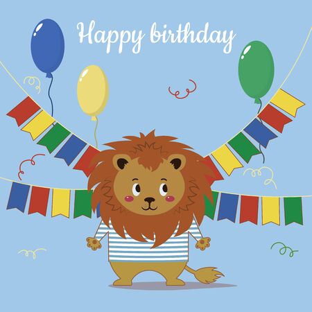It Says Happy Birthday. Lion with balls and flags. Print for postcards, t-shirts and posters. flatのイラスト素材