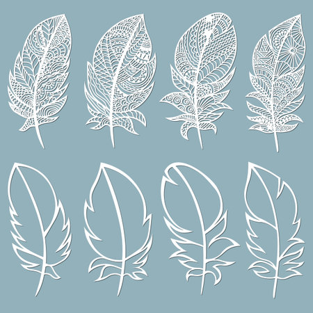 Feather. Laser cut. Template for laser cutting and Plotter. Vector illustration. Sticker. Pattern for the laser cut, serigraphy, plotterのイラスト素材