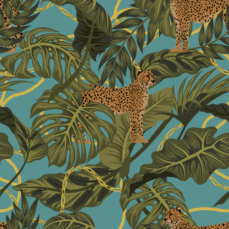 Trendy seamless pattern with chains and tropical leaves on leopa ...のイラスト素材