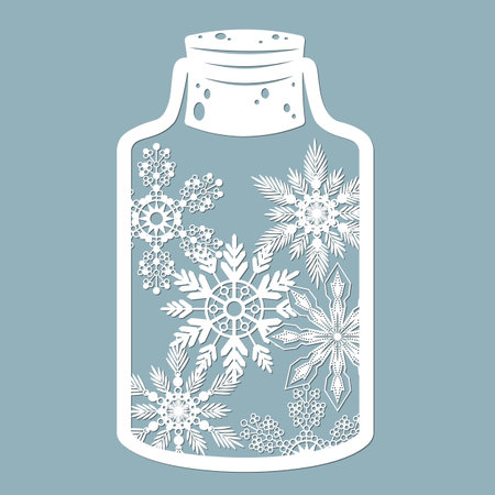 Christmas toys, balloons in the trees in a glass jar. With snowflakes. Laser cut. Vector illustration. Pattern for the laser cut, serigraphy, plotter and screen printing ...のイラスト素材
