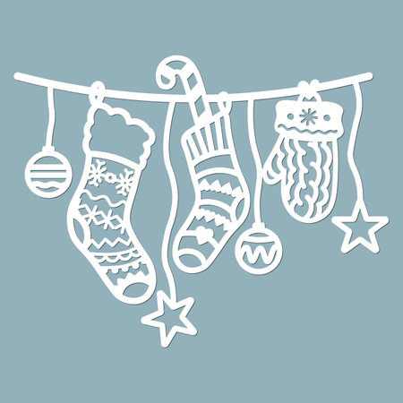 Laser cut template. Balls and Socks, stockings, knee socks, Silhouette for cutting. Christmas paper craft. Geometric, knitting and openwork pattern ..のイラスト素材