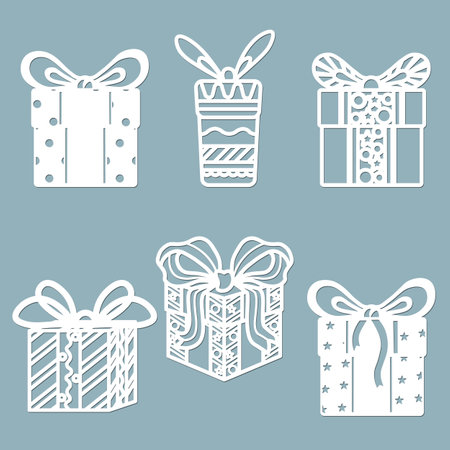 Set of icons, gift boxes for laser cutting, plotter. Stickers for decorating holidays ..のイラスト素材