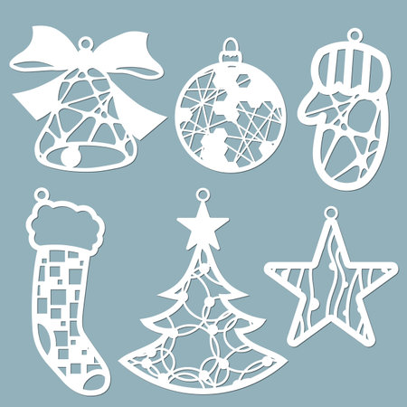 Laser cut template. Balls and Mittens Silhouette for cutting. Christmas paper craft. Geometric, knitting and openwork pattern ..のイラスト素材