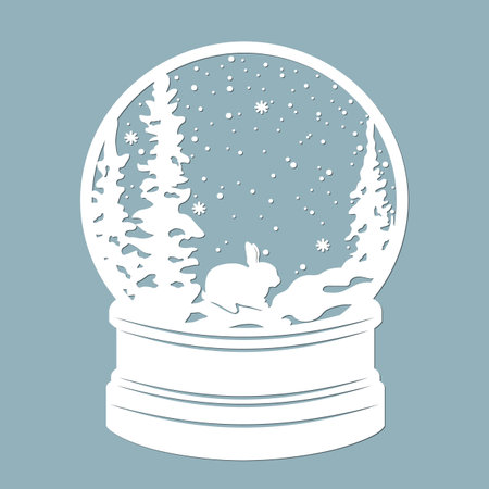A snow globe, snow inside and a Christmas tree with rabbit, hare. Laser cut. Vector illustration. Pattern for the laser cut, plotter and screen printing ..のイラスト素材