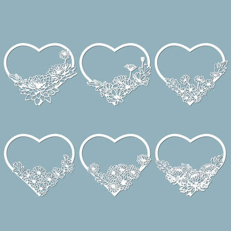 Set stencil hearts with flower. Template for interior design, invitations, etc. Vector illustration. Sticker set. Pattern for the laser cut, serigraphy, plotter and screen printingのイラスト素材