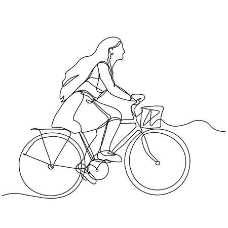 A girl on a bicycle with a basket. A continuous line. Vector illustration drawn with a single line ..のイラスト素材