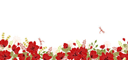 Red poppies on a white background. Floral seamless pattern with big bright flowers.Summer vector illustration for print textile, fabric, wrapping paperのイラスト素材