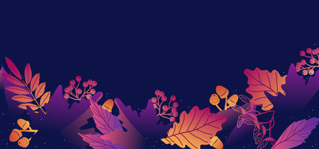 Oak and rowan leaves. Acorns and rowan berries. Red, blue, orang neon light, trendy background with...