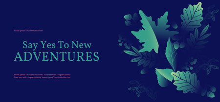 Postcards. Green, blue neon light, trendy background with vektor plant and leaf. Maple, oak and...