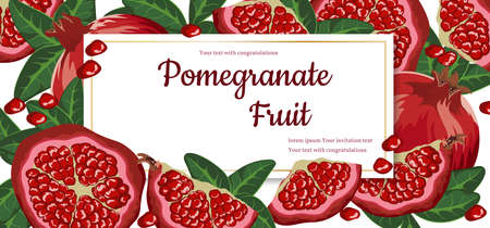 Vector pattern with pomegranate fruits and text template on a white background. Design for cosmetics, spa, pomegranate juice, health care products, perfume.のイラスト素材