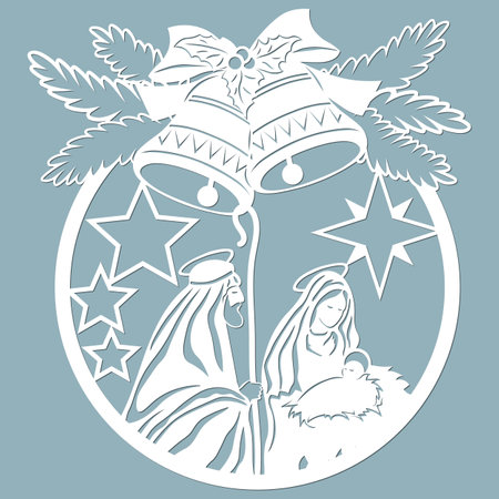 Birth of Christ. Baby Jesus in the manger. Holy Family.Christmas bells. Spruce branches. Merry Christmas card. Template for laser cutting and Plotter. Vector illustration. Sticker plotter and screen printing ....のイラスト素材