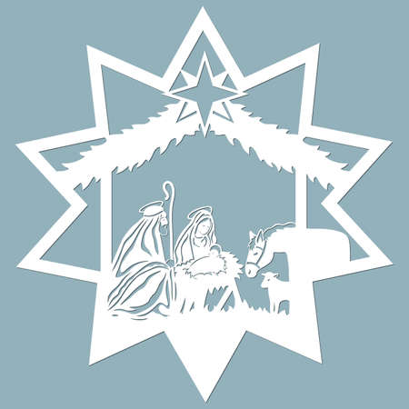 Birth of Christ. Baby Jesus in the manger. Holy Family. Star of Bethlehem - east comet. Merry Christmas card. Template for laser cutting and Plotter. Vector illustration. Sticker plotter and screen printing ...のイラスト素材