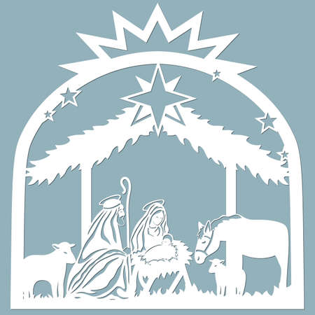 Birth of Christ. Baby Jesus in the manger. Holy Family. Star of Bethlehem - east comet. Merry Christmas card. Template for laser cutting and Plotter. Vector illustration. Sticker plotter and screen printing ...のイラスト素材